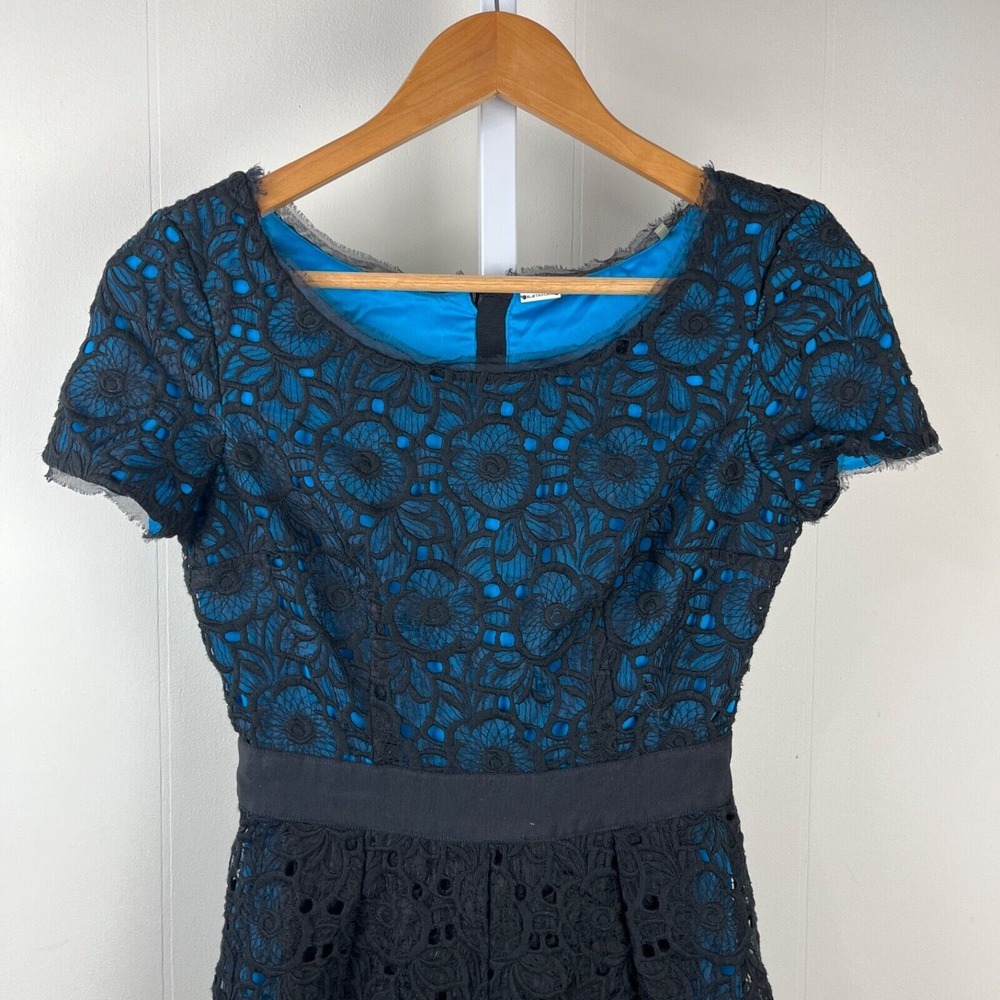 Elie‎ Tahari Fit & Flare Dress Womens Size 0 Black Lace Turquoise
